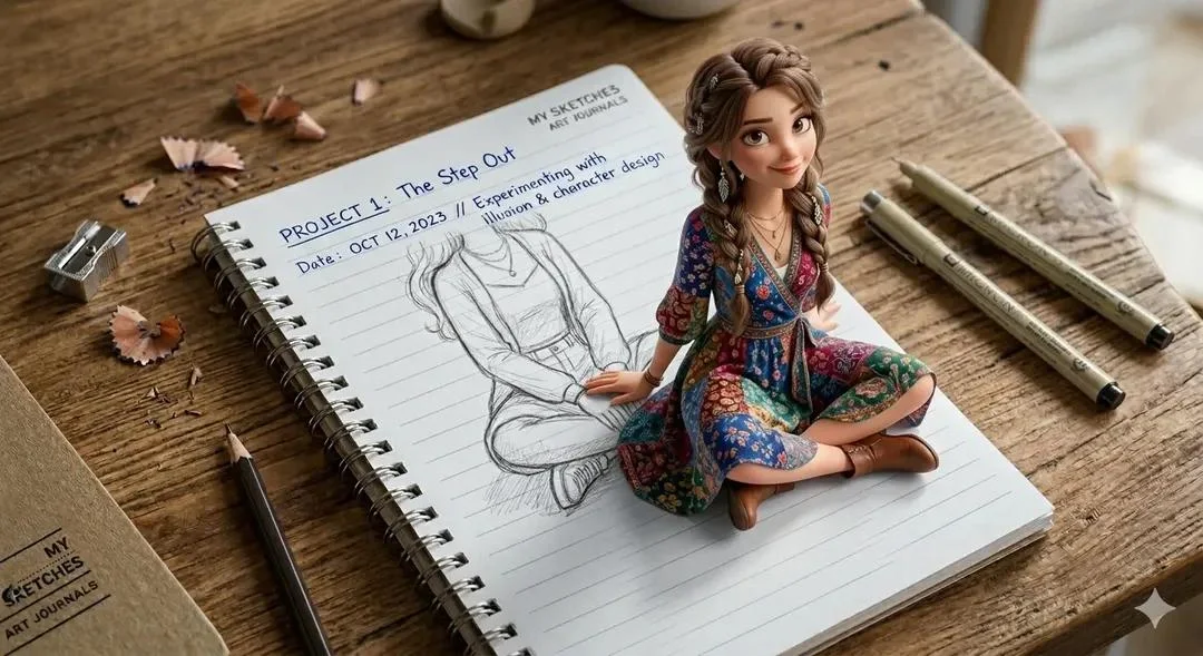 Linda chica saliendo de un cuaderno