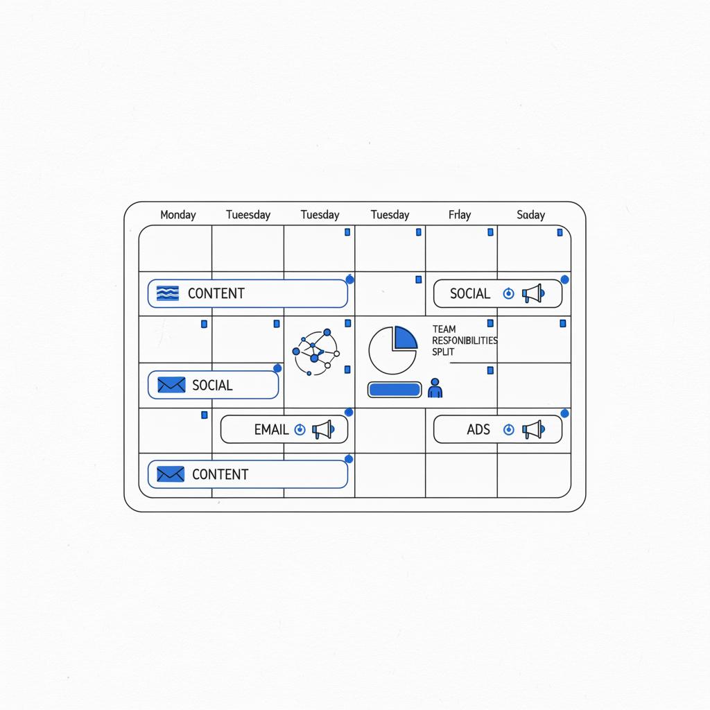 Vector close-up of a marketing calendar page with recurring blocks for content, social, email, and ads, minimalist monochrome lines and blue accents on a white background &mdash; types of marketing strategies