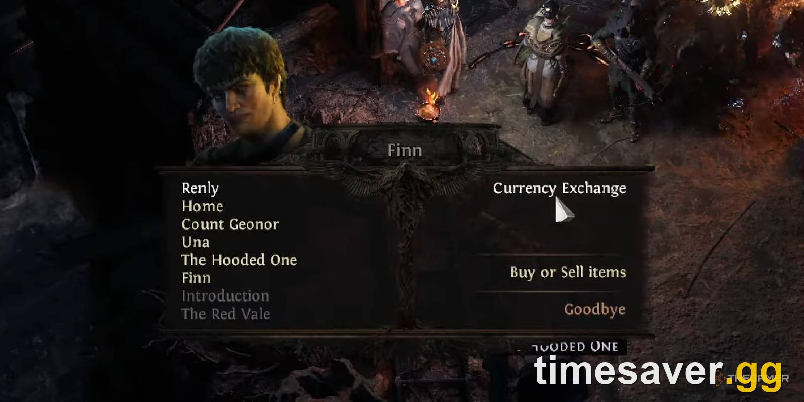 Accessing the Currency Exchange through the Finn NPC menu in Path of Exile 2