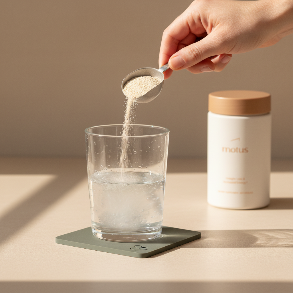 Close-up of a hand pouring psyllium husk powder into a glass of water as it thickens into a gel, Tonum Motus jar subtly visible in background — how quickly does psyllium husk work