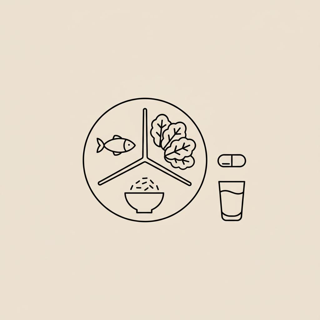 Minimalist Tonum-style line illustration of a divided plate with fish, leafy greens, grains, plus a capsule and water glass on beige background — lose weight without exercise