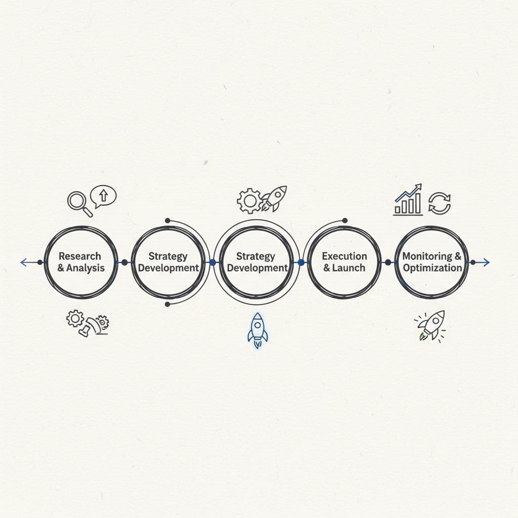 Minimal vector sketch of homeowner journey nodes discovery, message, site visit, booked job illustrating how to get leads on Thumbtack