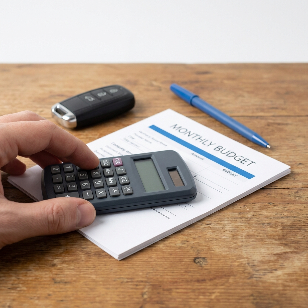 Close up of hand holding a calculator next to a monthly budget sheet and a key fob on a wooden table illustrating what is the 8% rule when buying a car