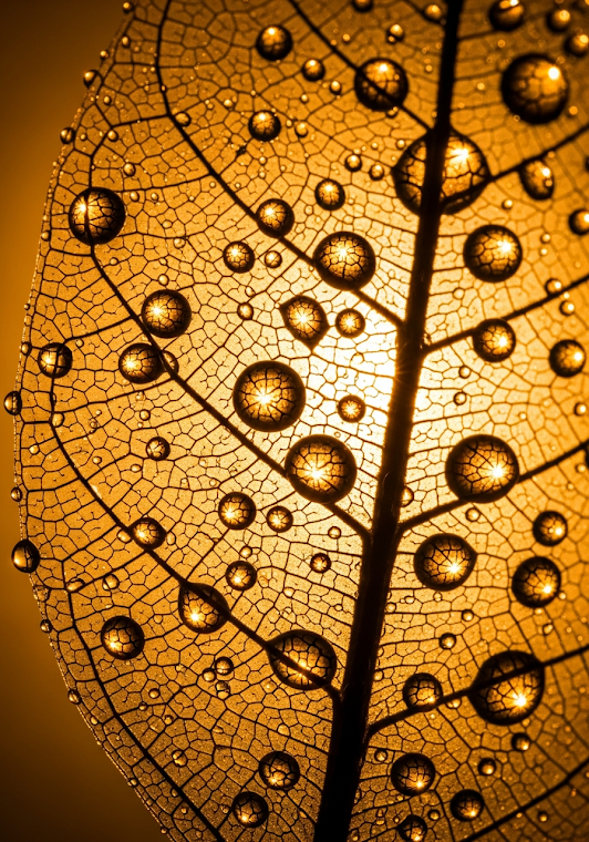 Translucent Leaf Water Drops Macro