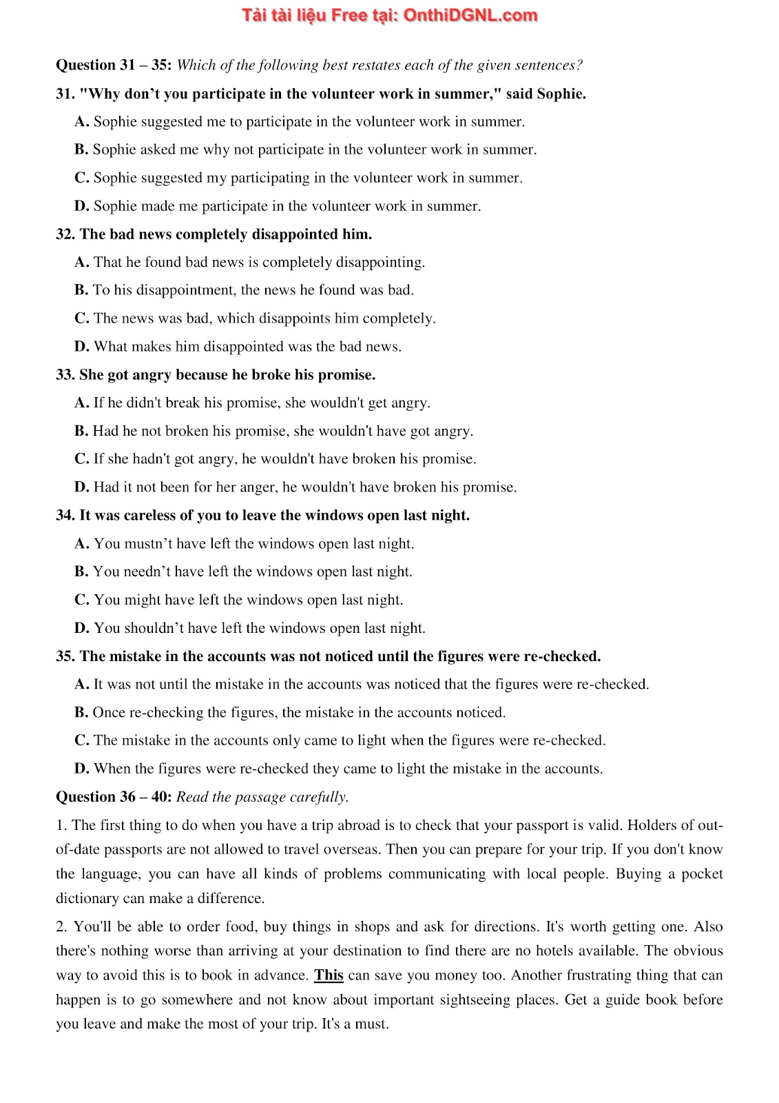 800 bài tập môn Tiếng Anh - Ôn thi ĐGNL ĐHQG TP HCM Phần 24