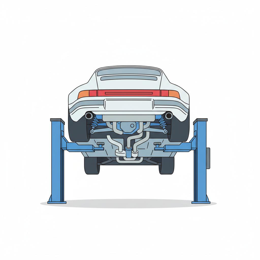 Minimalist 2D vector of a Porsche 911 on a lift showing underbody and suspension components no people no text used porsche for sale