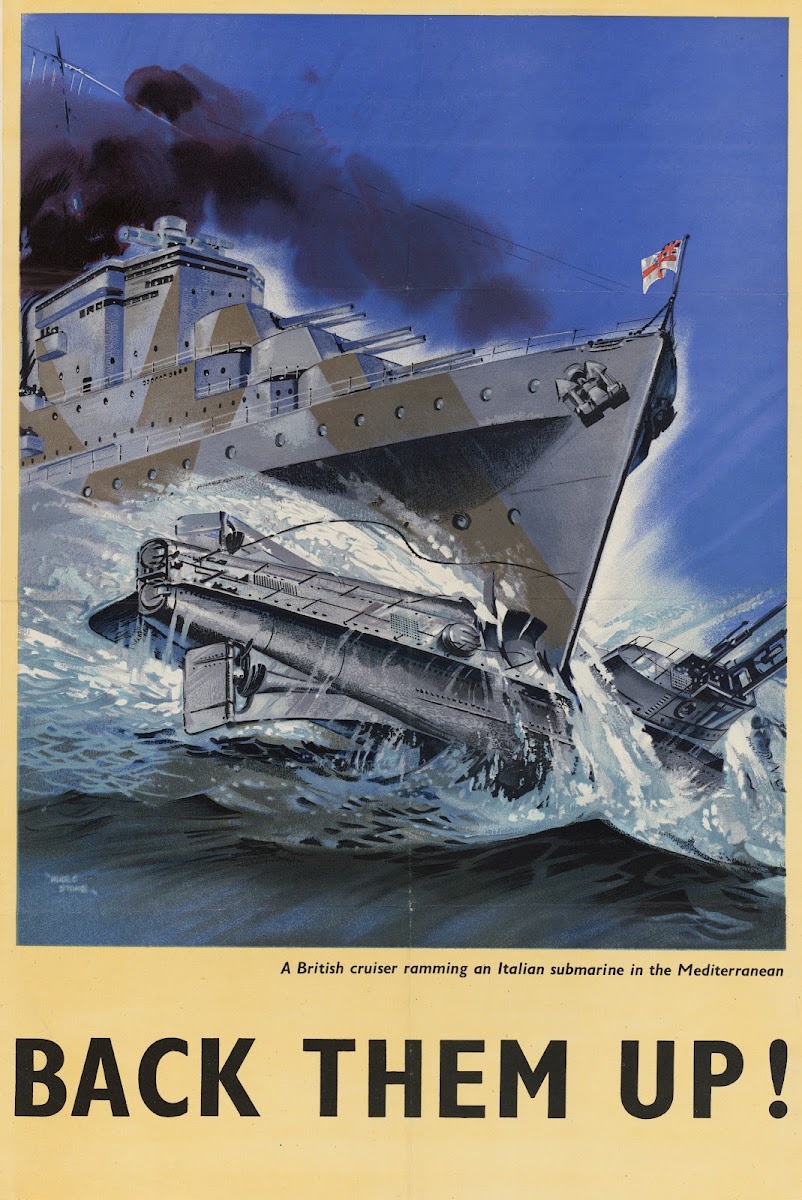 A British Cruiser Ramming an Italian Submarine in the Mediterranean  Back Them U