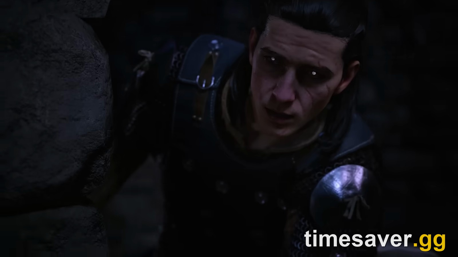 A pale vampire in dark armor with glowing eyes in torchlit gloom in The Blood of Dawnwalker — quest-locked legendary weapons and armor that vanish if you skip or fail their questlines