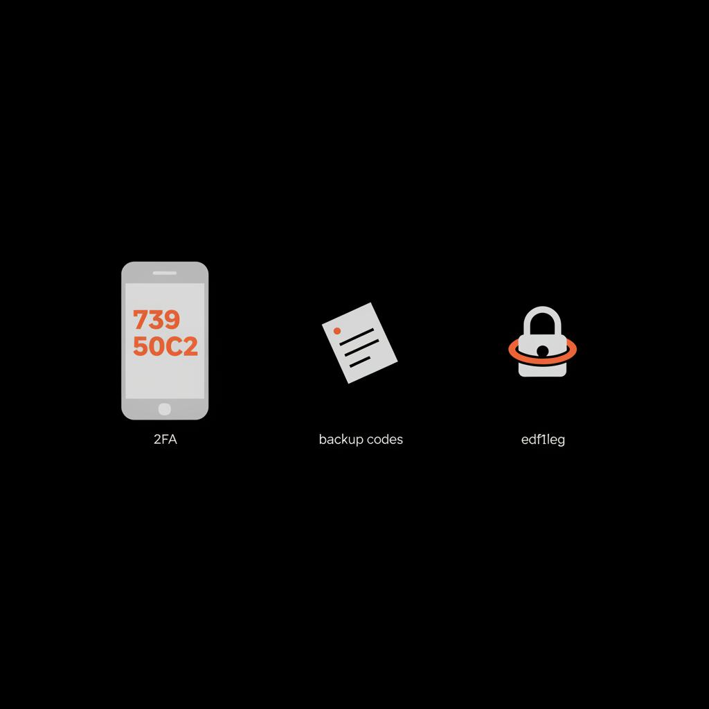 Minimal vector infographic on black background showing a smartphone with a 2FA code, a notecard of backup codes and a secure lock icon illustrating facebook account recovery options