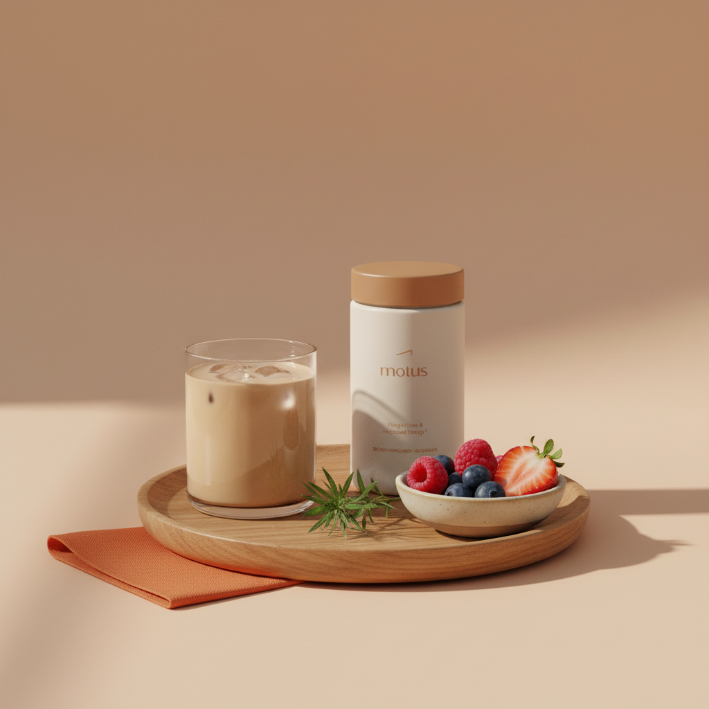 Minimalist lifestyle photo of the Motus jar beside a glass protein drinks shake on a wooden tray, with berries and milk thistle on a soft beige Tonum background.