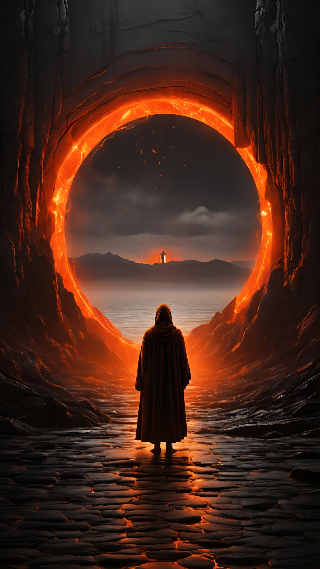 Hooded Figure Before Glowing Lava Portal to Distant Tower - Free 4K mobile Wallpaper