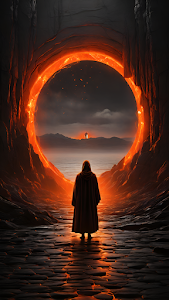 Hooded Figure Before Glowing Lava Portal to Distant Tower