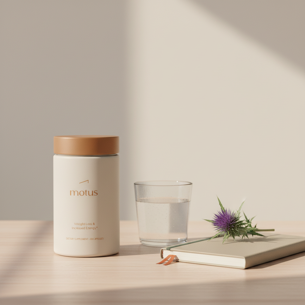 Minimalist product photo of Motus supplement jar on a light wooden table with a folded journal, a glass of water and a milk thistle sprig in gentle morning light — best fat loss drug