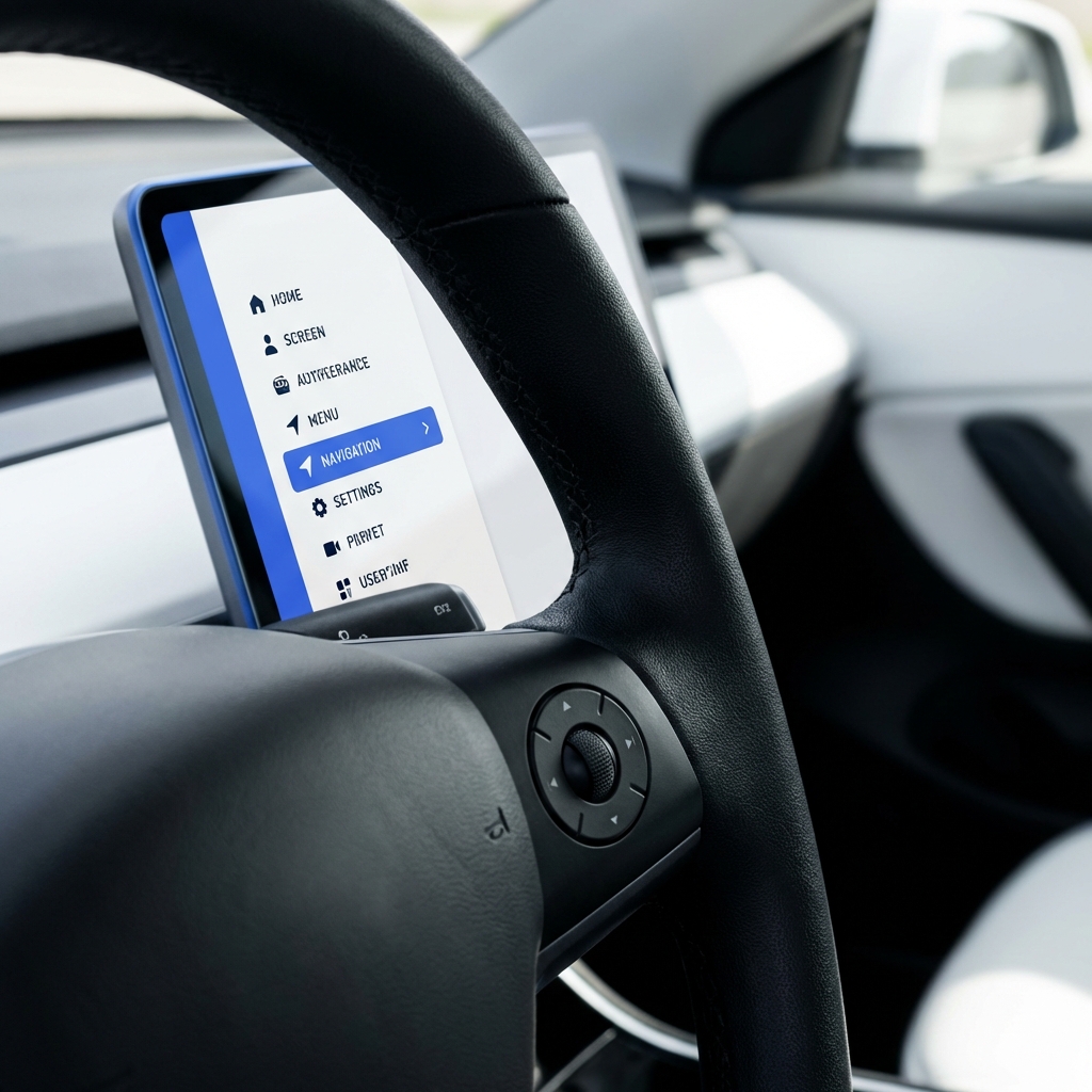 Close up full frame view of an SUV infotainment screen and steering controls showing a minimal menu list with blue accents and white cabin background toyota sequoia for sale