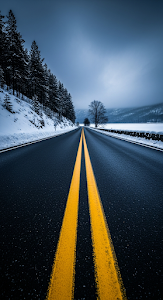 Lonely Winding Road with Double Yellow Lines Through Snowy Winter Forest Landscape