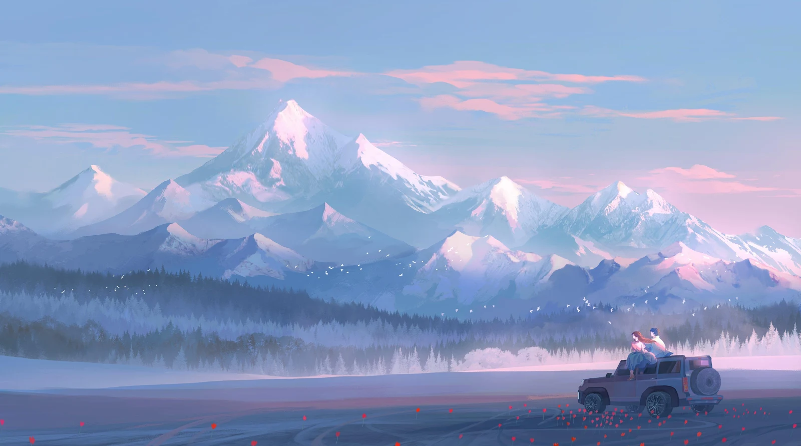 Couple Driving Towards Snowy Mountains - Digital Illustration Art 4K Wallpaper (4096x2281)