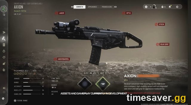 Modern Warfare 4 gunsmith showing the Apex Attachment selection screen on a fully leveled weapon