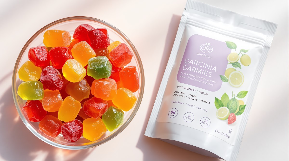 다이어트구미  투명한 유리볼에 다양한 색상의 다이어트구미가 담겨 있고, 옆에는 가르시니아, 식이섬유, 프리미엄 유산균, 식물성 원료 성분이 명확히 표시된 라벨이 부착된 패키지와 함께, 건강 정보 차트와 과학적 연구 논문 자료