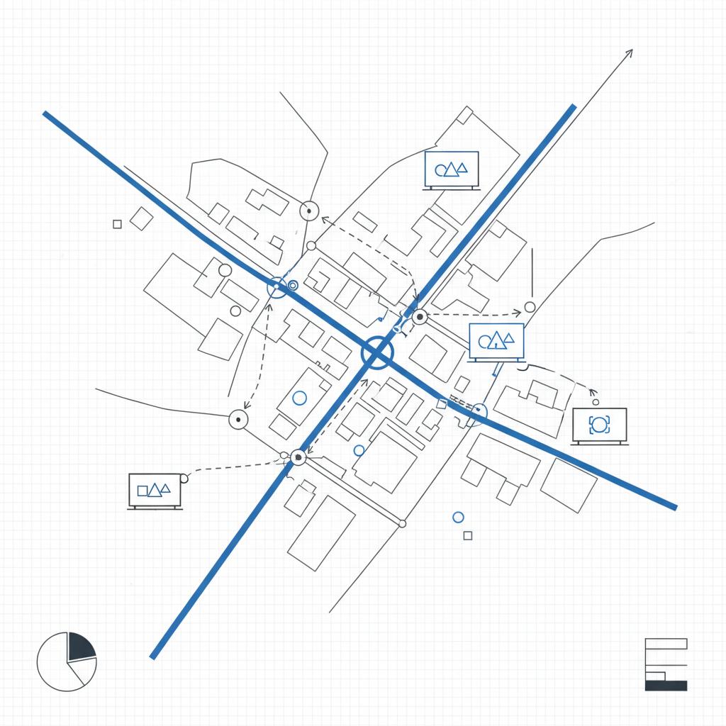 Top-down minimalist city block map with highlighted roads and billboard icons at key intersections, illustrating billboard advertising cost placements