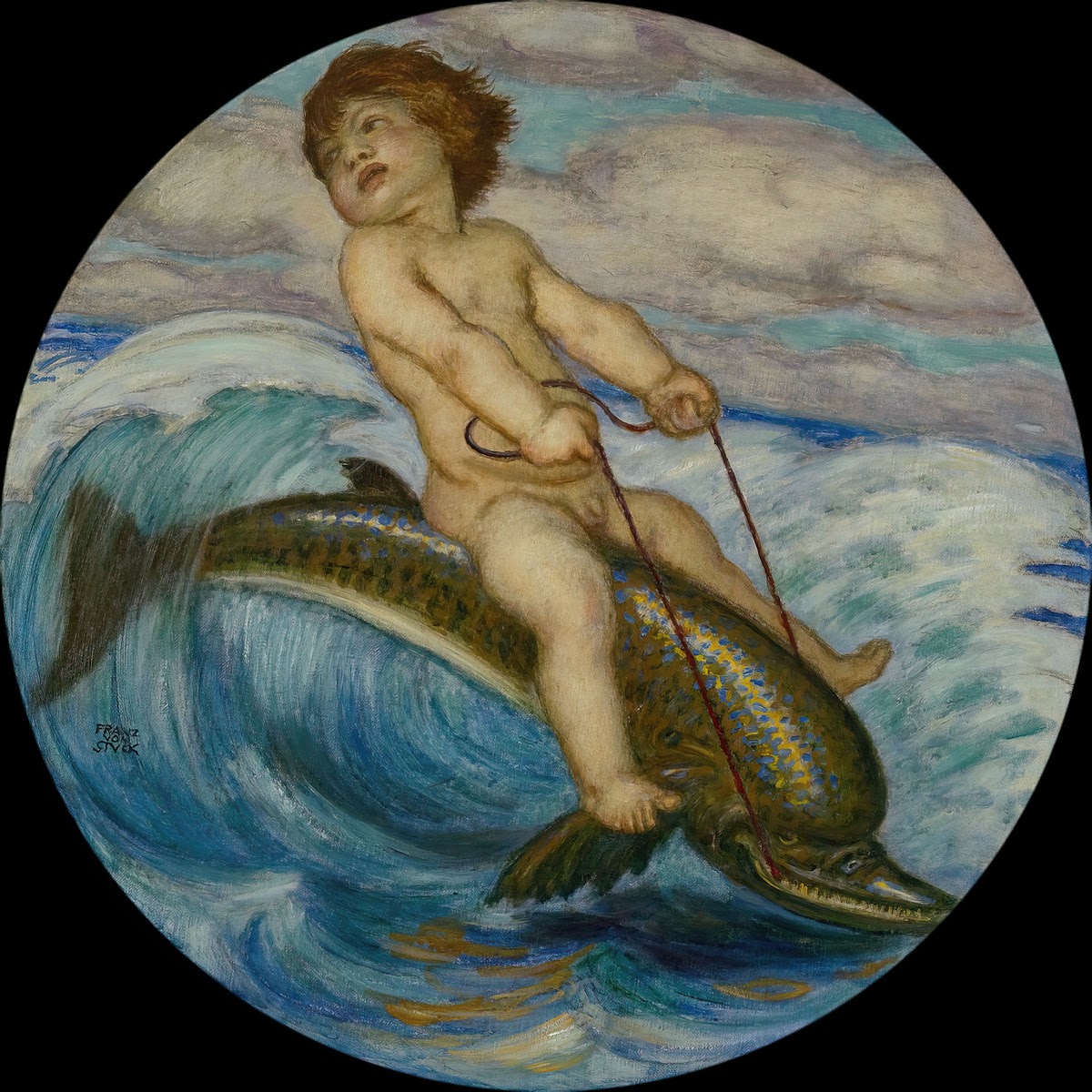 Erote riding a dolphin around 1912