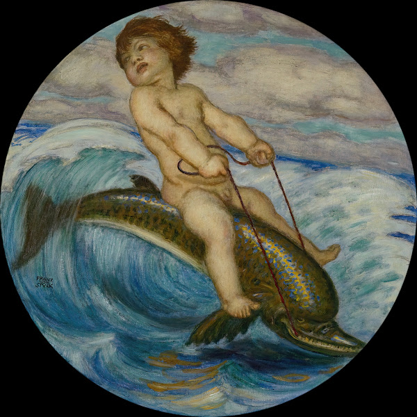 Erote riding a dolphin around 1912