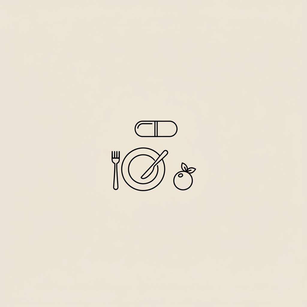 Minimalist Tonum-style line illustration of a capsule, plate with fork, and small berry on beige background, evoking the concept of the most extreme weight loss pill.