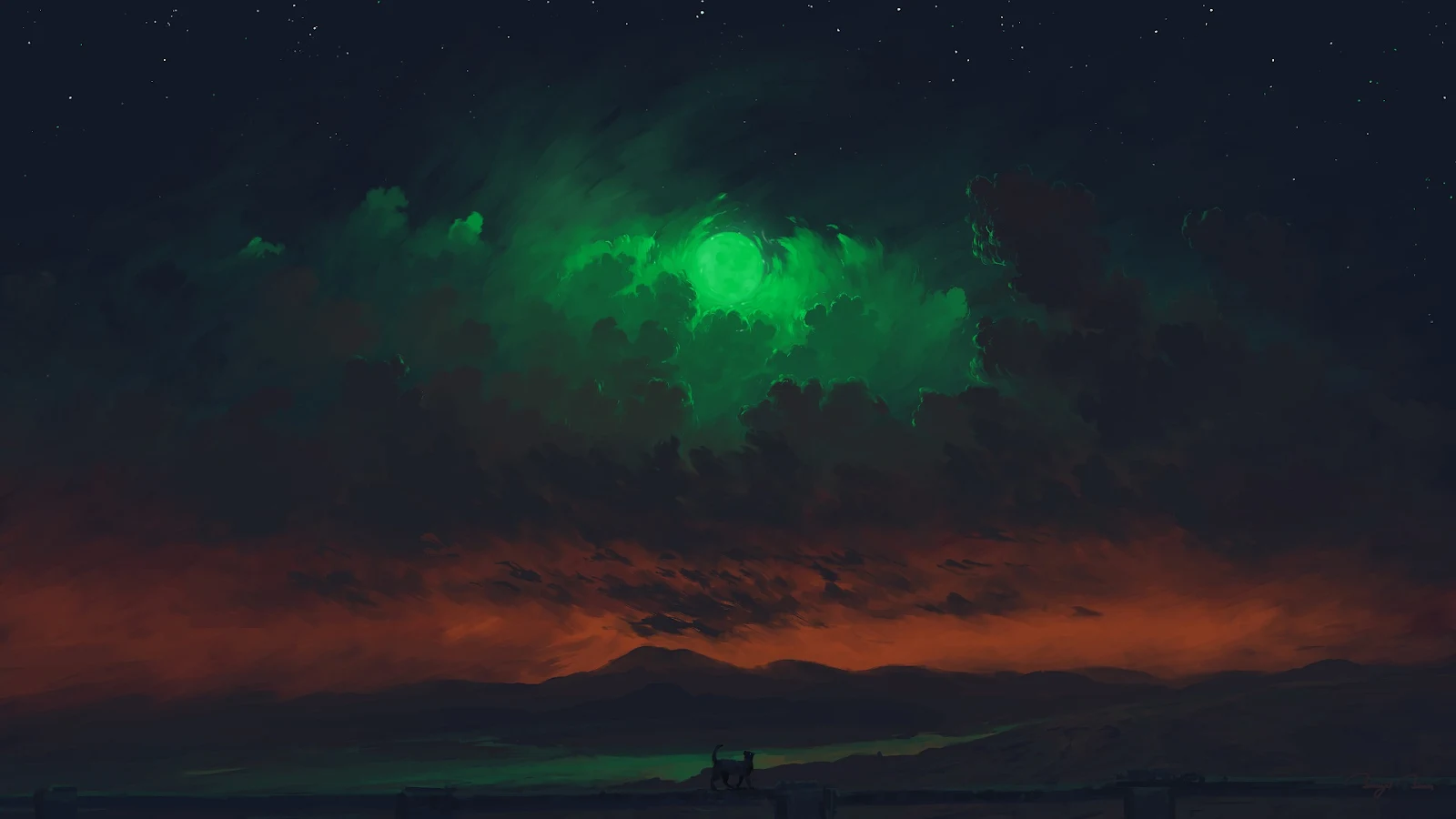 A Stunning Digital Painting, Landscape, Emerald, Moon, Black Cats Full HD Desktop and Mobile Wallpaper Background (1920x1080)