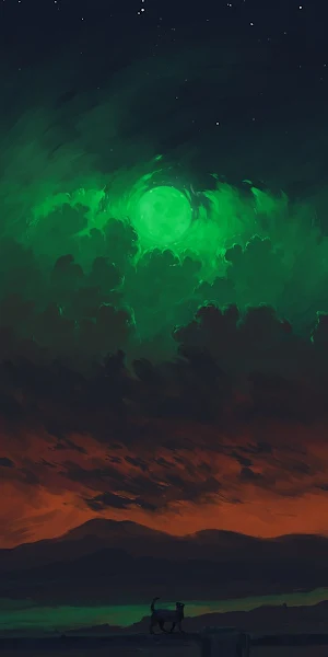 Digital Painting, Landscape, Emerald, Moon, Black Cats Full HD Wallpaper Background