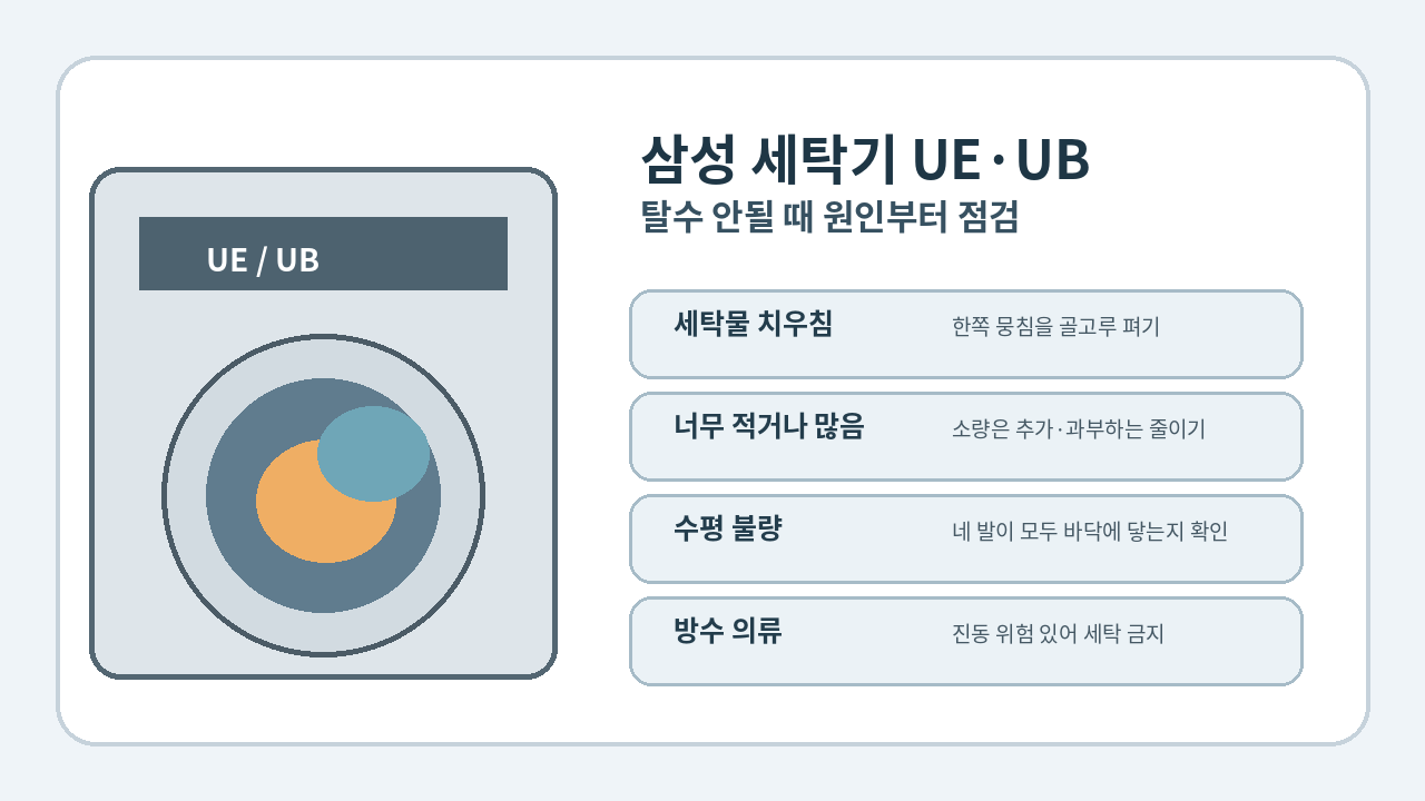 삼성 세탁기
UE·UB 에러와 탈수 불균형 원인을 보여주는 대표 이미지