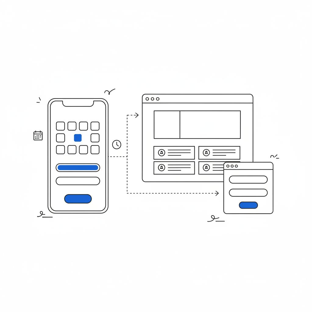 Minimalist vector mockup of a smartphone booking interface beside a desktop brochure layout illustrating cross-device booking flow. Does Housecall Pro have a website builder?