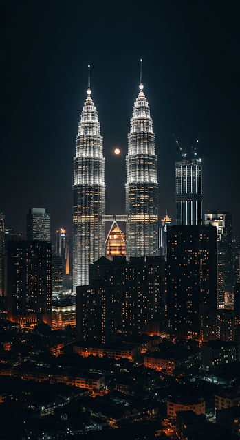 Dramatic Night View of Illuminated Petronas Twin Towers and Moon Over City Skyline - Free mobile Wallpaper