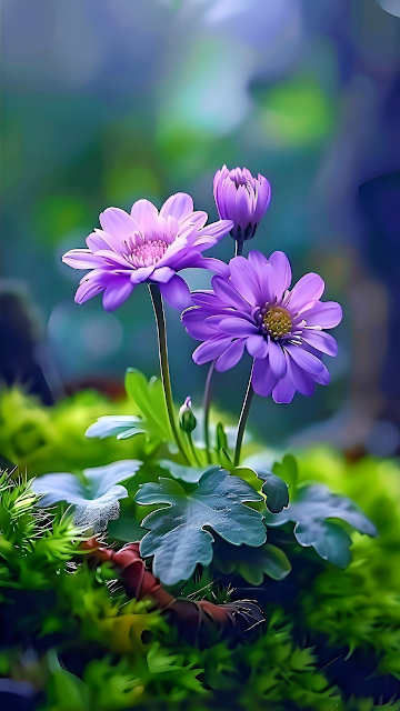 Delicate Purple Flowers Blooming Amid Lush Green Moss - Free mobile Wallpaper