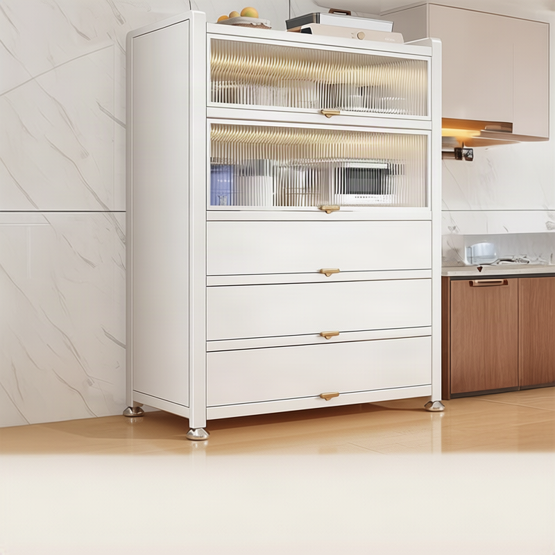 Kitchen freestanding shelf with glass doors, multi-tiered