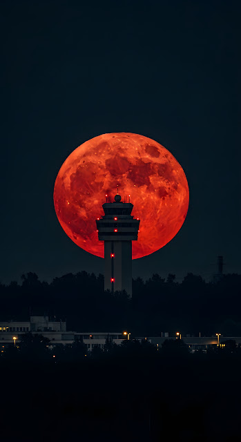 Dramatic Night View of a Control Tower Silhouetted Against a Giant Red Full Moon - Free mobile Wallpaper