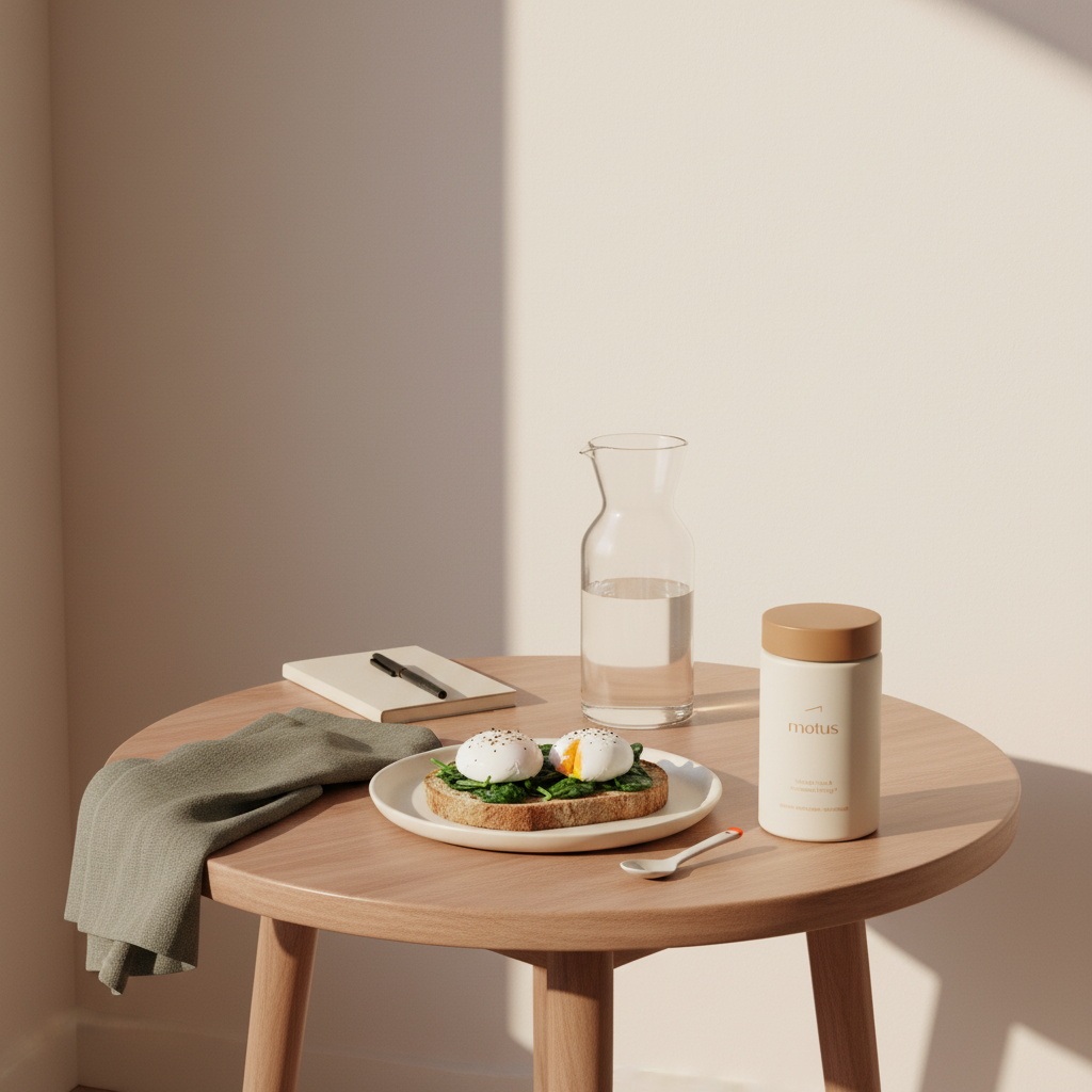 Tonum Motus jar on a minimalist breakfast table with eggs, greens and a notebook in warm natural light, supportive imagery to lose 20 lbs on keto.