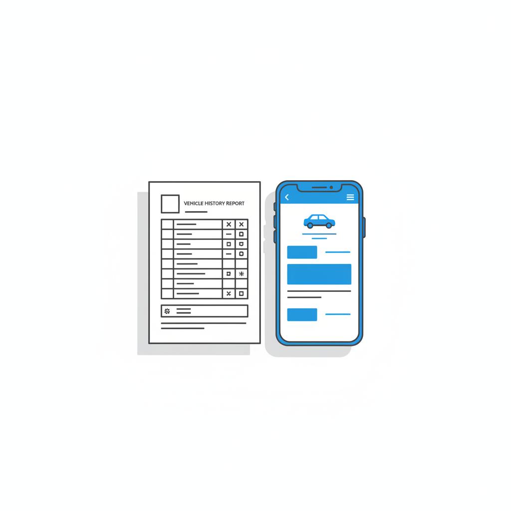 Minimalist 2D vector top down view of a vehicle history report printout beside a smartphone showing a car listing in CarFax Deals colors infiniti q50 for sale