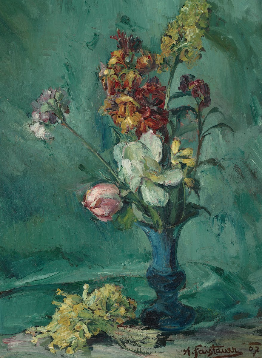 Blumen in blauer Vase und Schlüsselblumenstrauß 1907
