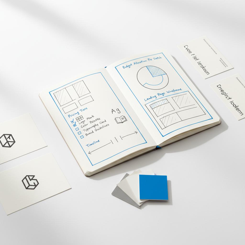 Close-up designer desk with notebook sketches mapping branding package cost components, printed logo lockups, type specimen cards and a #1a5bfb color chip on white background