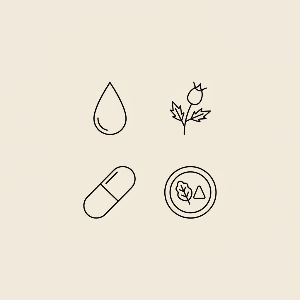 Minimal Tonum-style vector illustration of a water droplet, milk thistle sprig, capsule and plate of vegetables to illustrate how to flush your body of toxins.