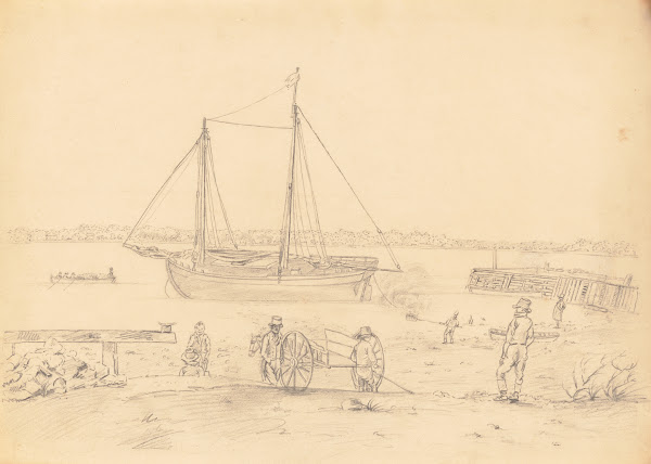 Packet boat grounded for tarring beside wharfMen and wagon in foreground 1809 18