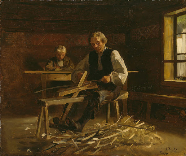 Interior from Vikøy with Farmer making Barrel Hoops 1873