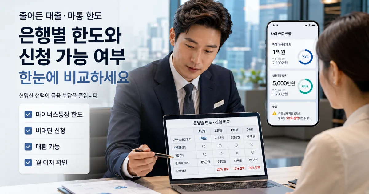 마이너스통장 한도와 신용대출 신청 경로를 확인하는 대출 점검 화면