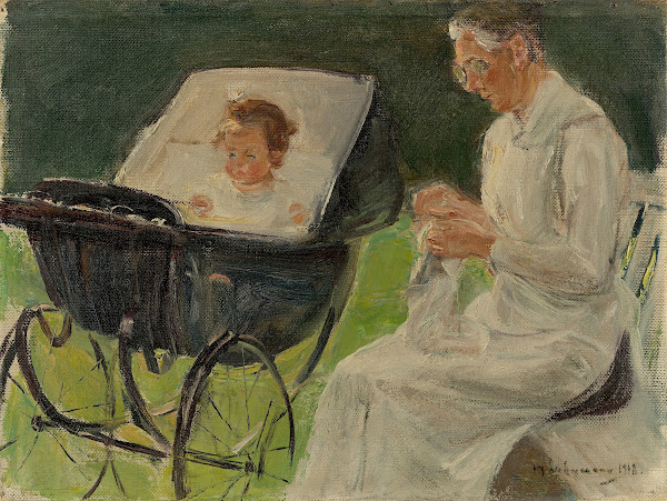 Die Enkelin des Künstlers mit ihrer Kinderfrau im Wannseegarten 1918