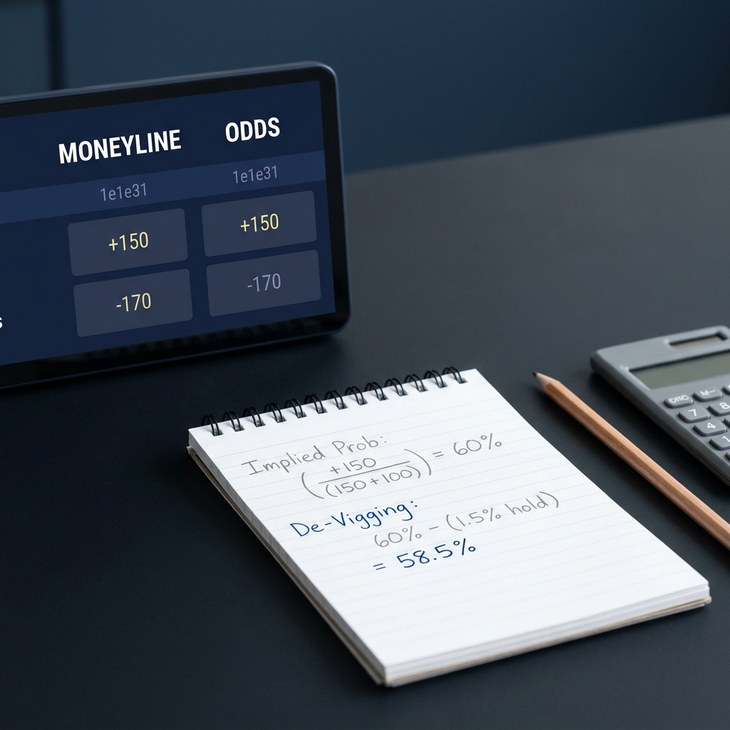 Close up sportsbook moneyline display and notepad with implied probability and de vigging calculations for browns steelers prediction in Funded Plays color palette