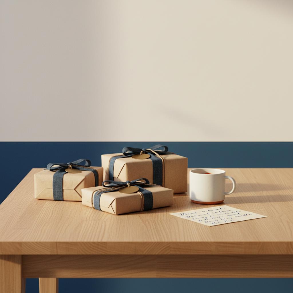 Nahaufnahme eines Holz-Esstisches mit persönlich verpackten Geschenken, Kaffeetasse und handgeschriebenem Zettel – Aufmerksamkeit zeigen Freundin, warme Lichtstimmung, dezente Metallakzente