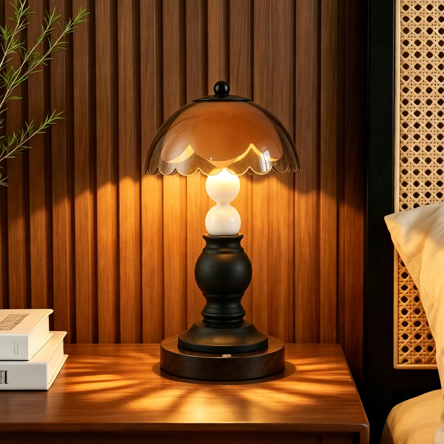 Schwarzweiße Nachttischlampe mit Säulenmotiv