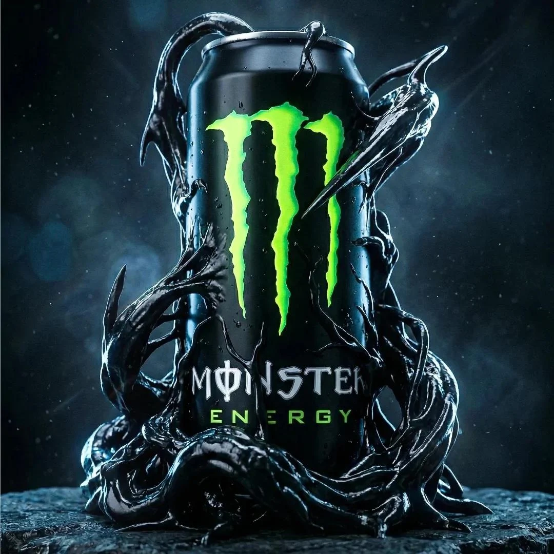 Fotografía cinematográfica de producto de altísima calidad de una lata oficial de bebida energética Monster Energy en formato vertical estándar en blanco y negro...