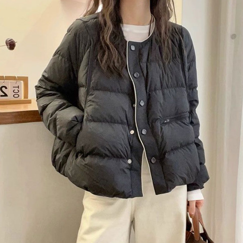 Women's down jacket with round neckline and button placket