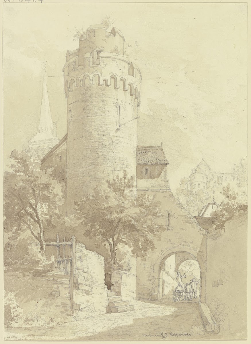 Roter Turm mit Faultor in Wertheim links der Turm der Stiftskirche St Marien rec