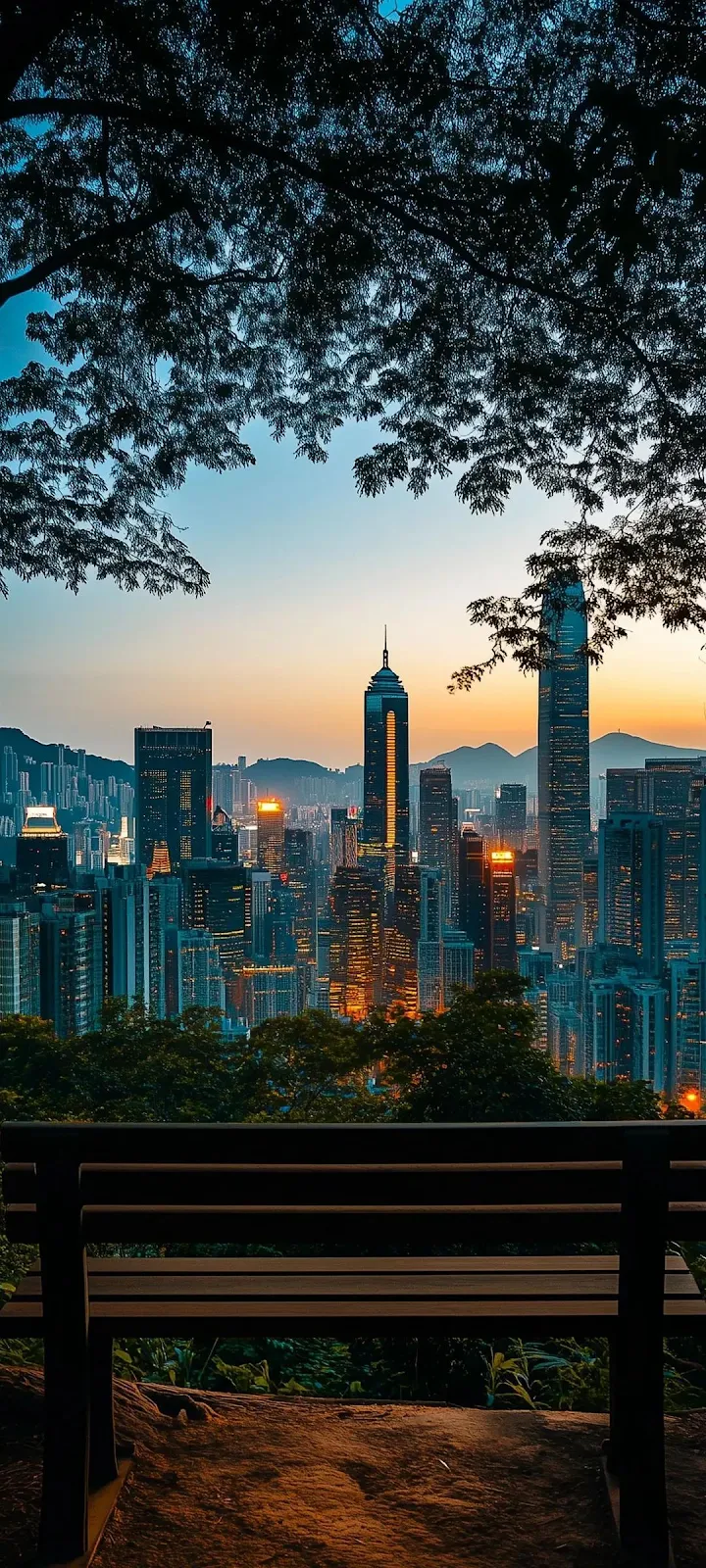Hong Kong Skyline From Bench - Cityscape Photography Full HD iPhone Wallpaper (1080x2400)